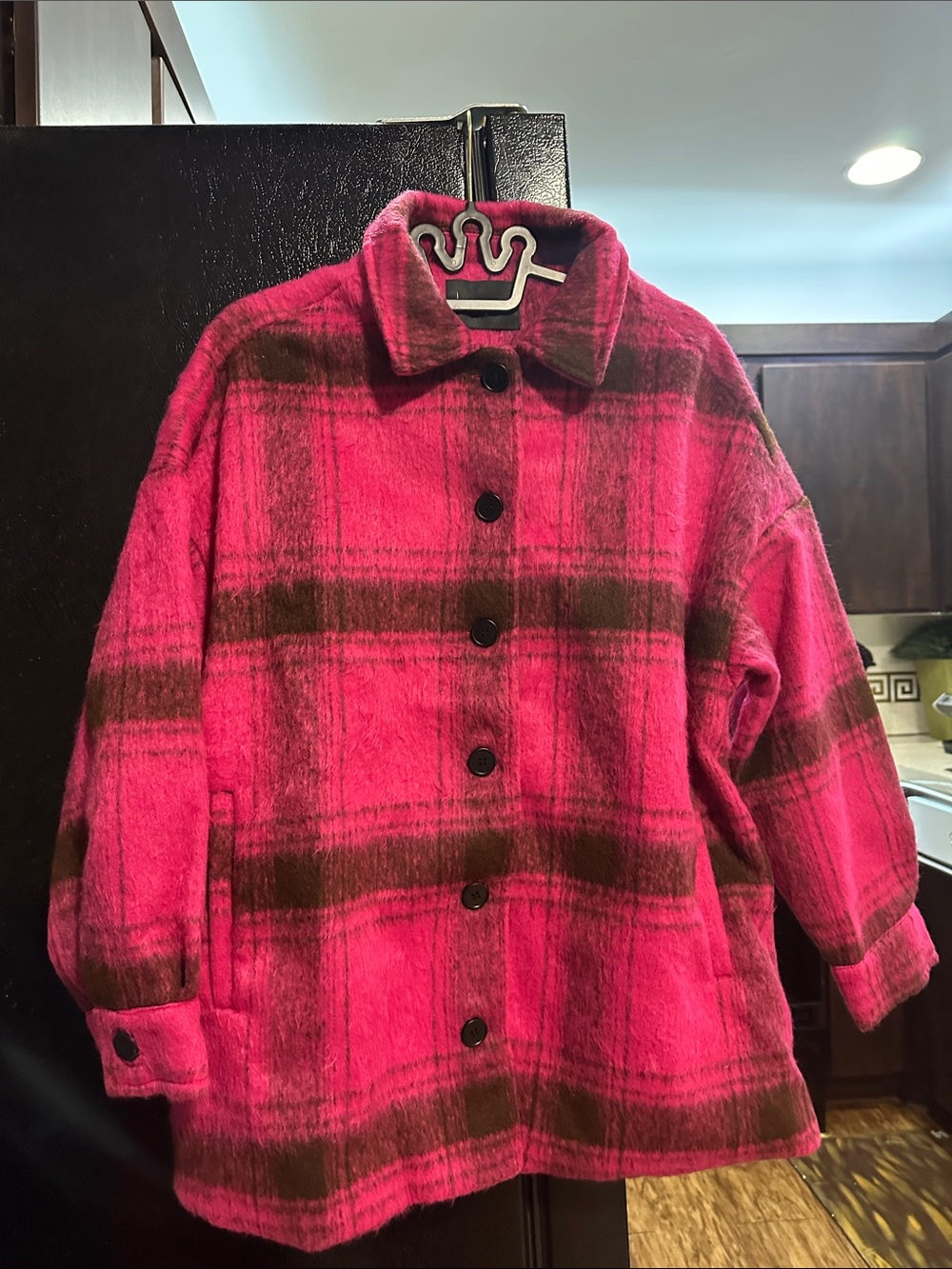 Women's Pink Plaid Teddy Jacket with Button Front